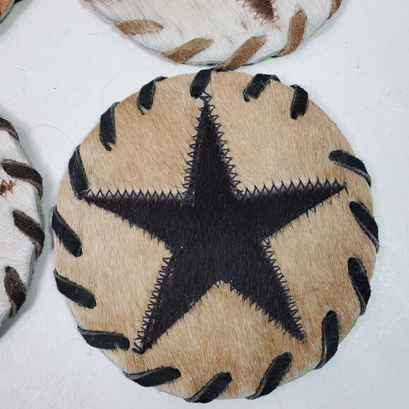 Cowhide Coaster Set of 4 Natural Cowhide Drink Coasters Hair Round Brazil 4.5" - Picture 2 of 8